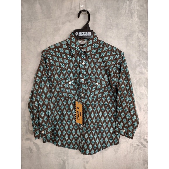 Rock & Roll Denim Kids Western Shirt S Brown Turquoise Diamond Print Snap Front - Picture 2 of 9